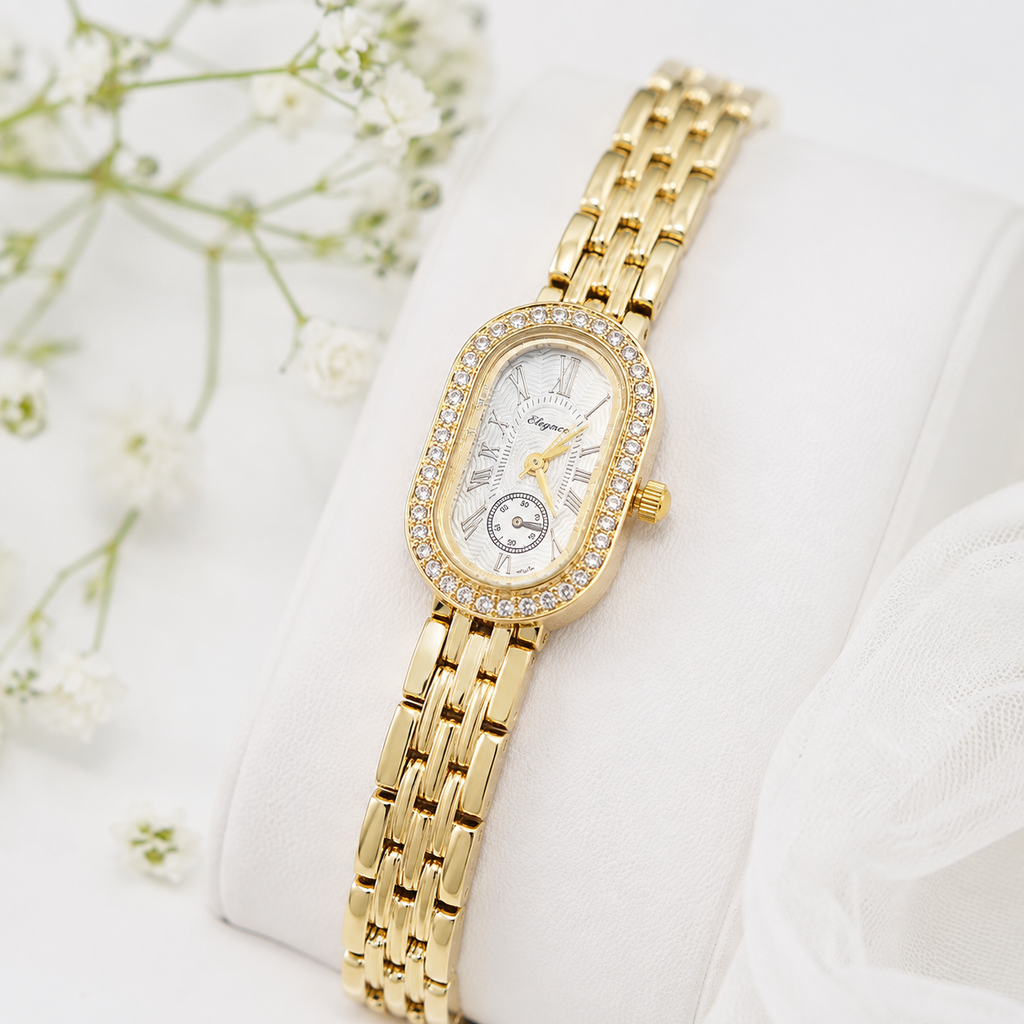 Elegant Gold-Tone Oval Crystal Women's Bracelet Watch | Luxury Dress Watch for Women