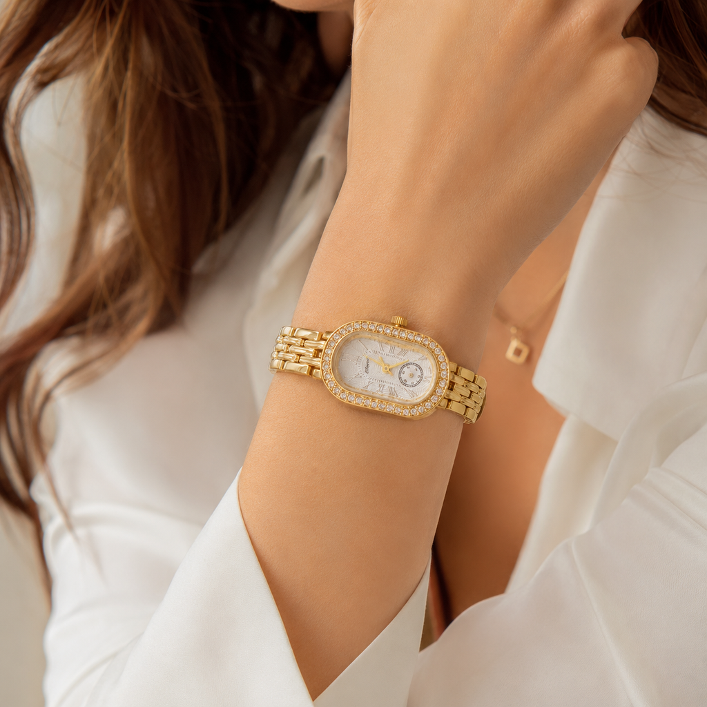 Elegant Gold-Tone Oval Crystal Women's Bracelet Watch | Luxury Dress Watch for Women