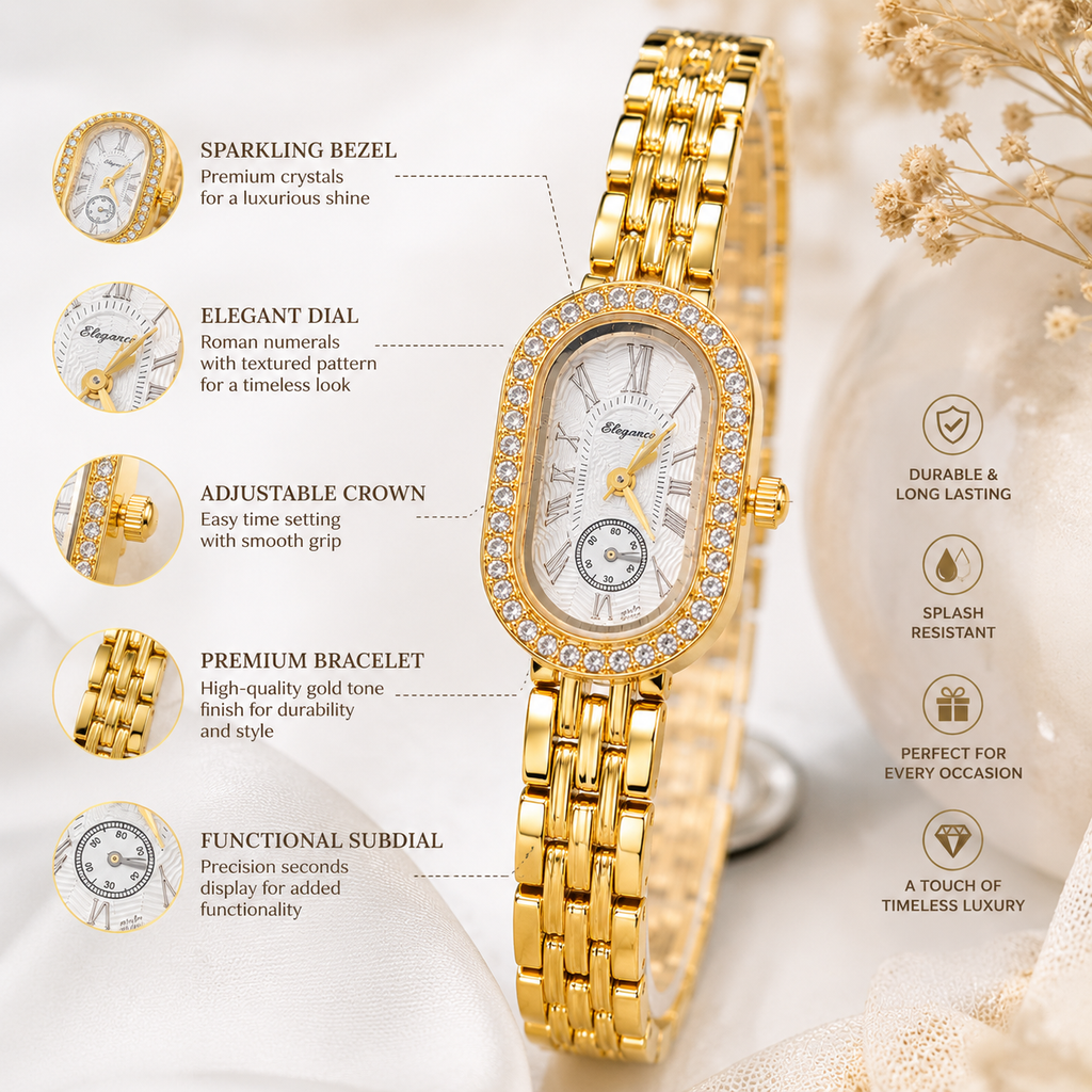 Elegant Gold-Tone Oval Crystal Women's Bracelet Watch | Luxury Dress Watch for Women