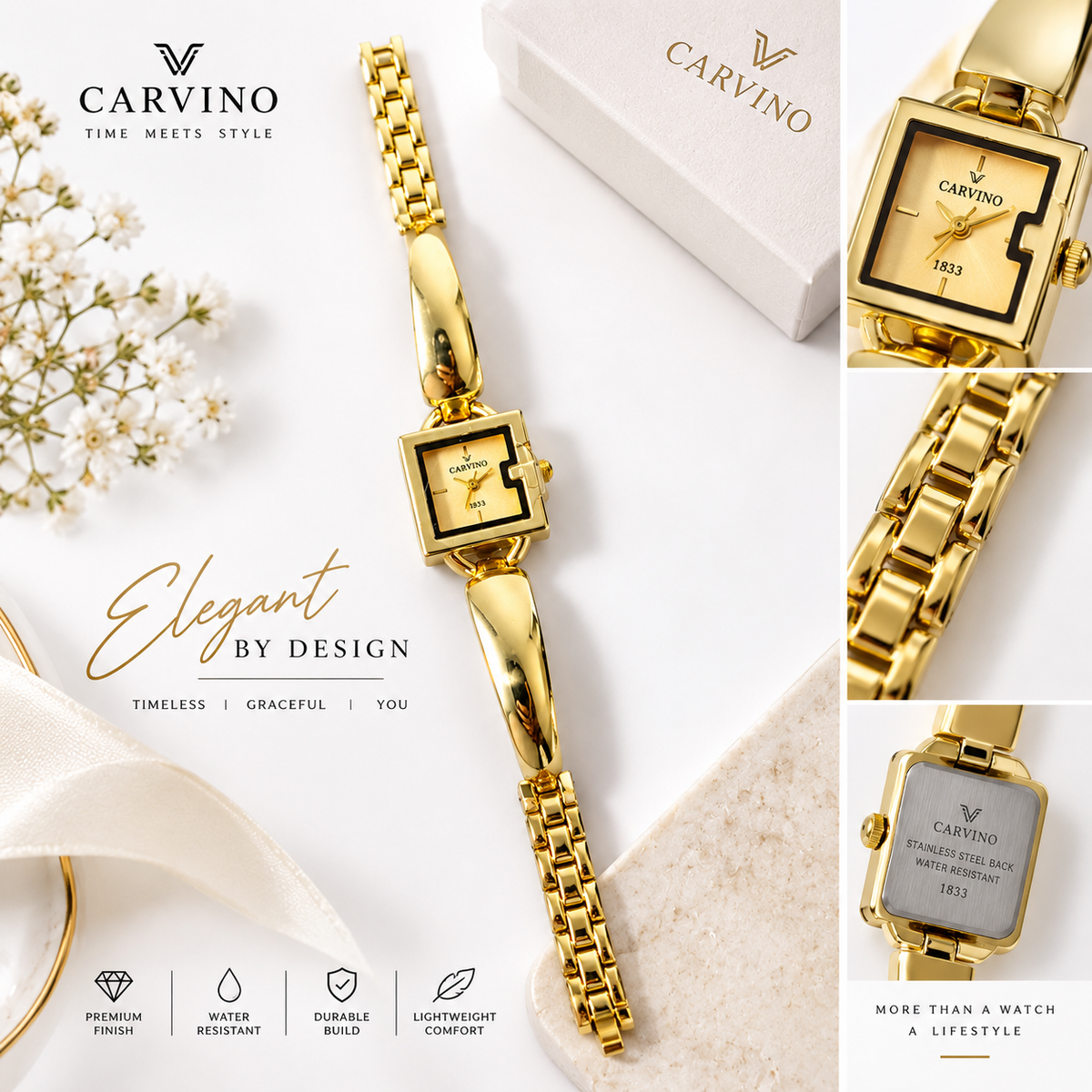 Luxury Gold-Tone Square Bracelet Watch for Women | Premium Elegant Wrist Watch