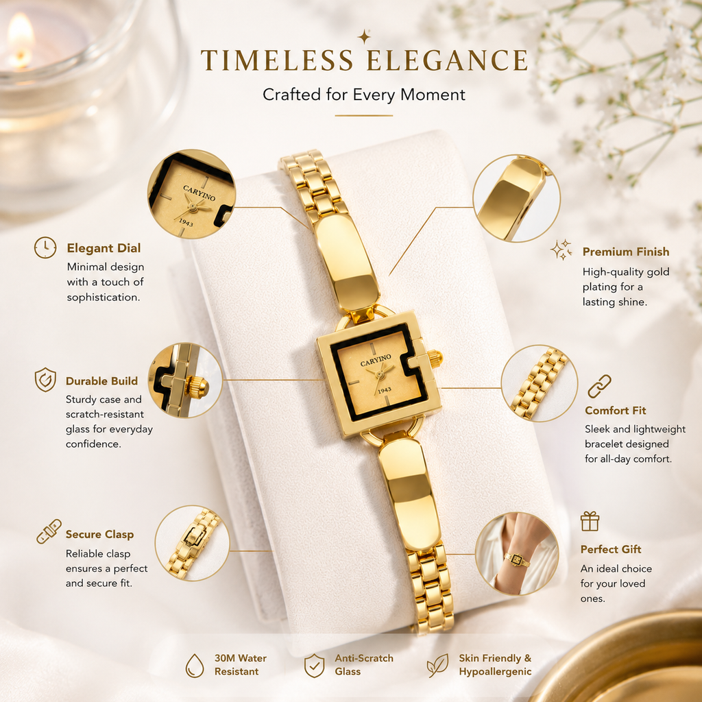 Luxury Gold-Tone Square Bracelet Watch for Women | Premium Elegant Wrist Watch