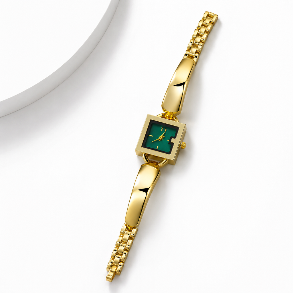 Luxury Gold Bracelet Watch for Women with Emerald Green Square Dial | Premium Analog Watch