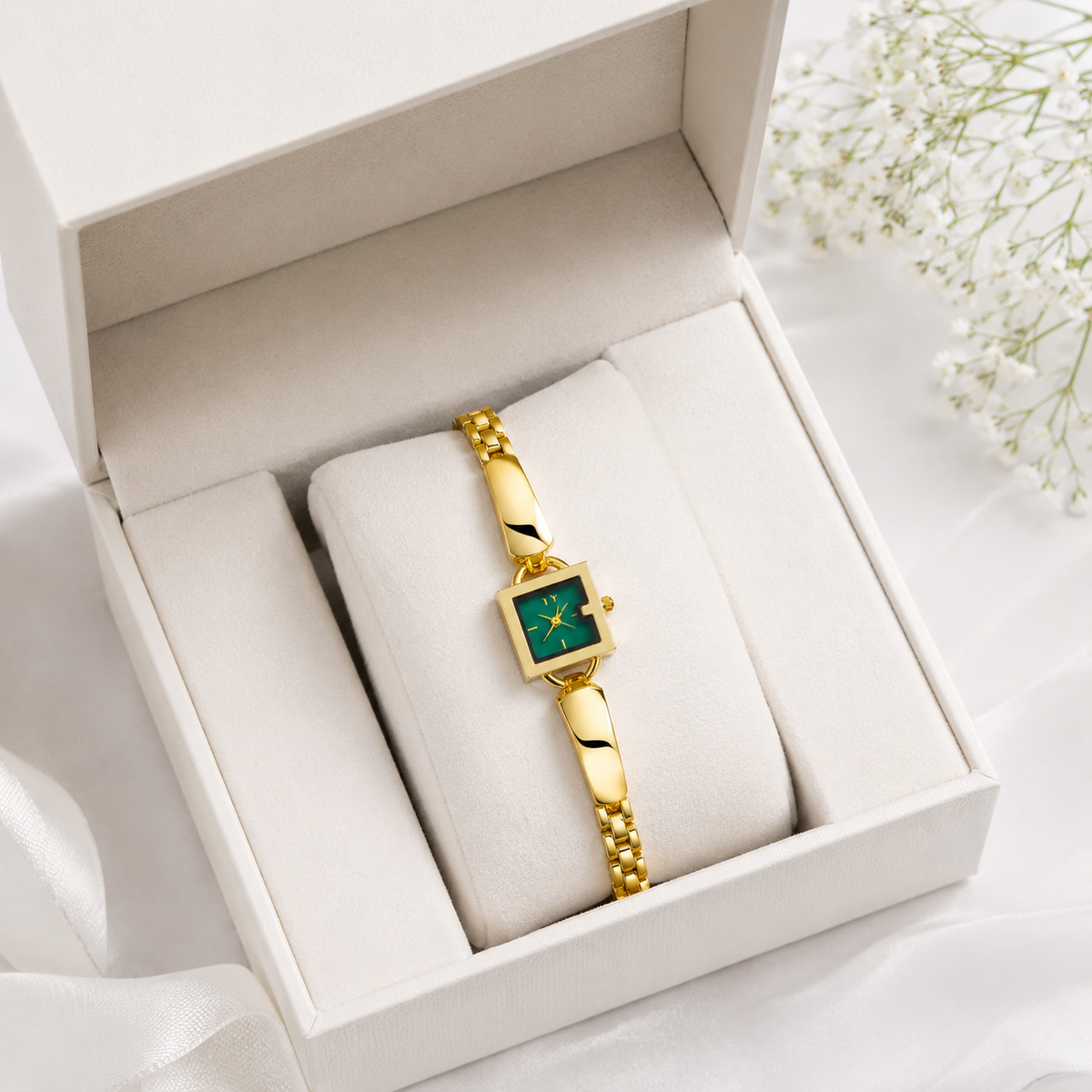 Luxury Gold Bracelet Watch for Women with Emerald Green Square Dial | Premium Analog Watch