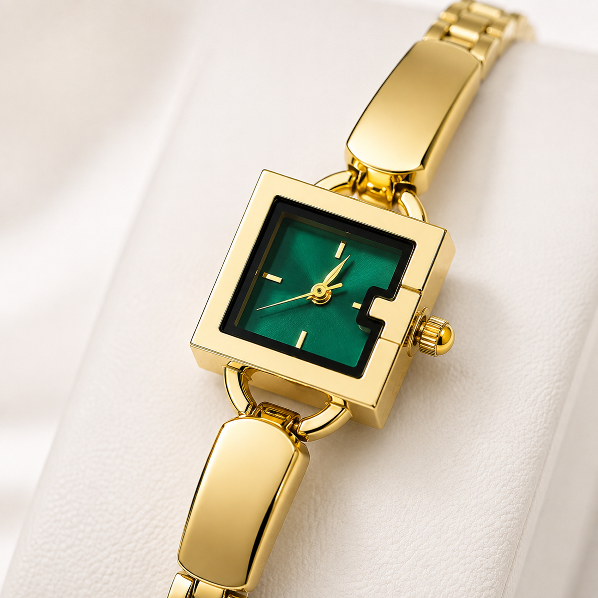 Luxury Gold Bracelet Watch for Women with Emerald Green Square Dial | Premium Analog Watch