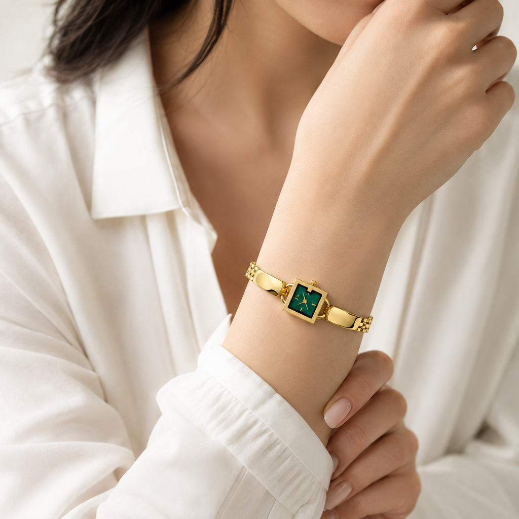 Luxury Gold Bracelet Watch for Women with Emerald Green Square Dial | Premium Analog Watch