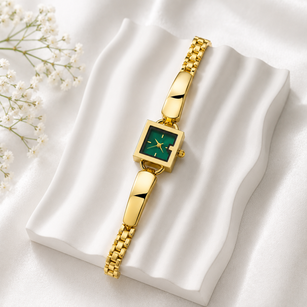 Luxury Gold Bracelet Watch for Women with Emerald Green Square Dial | Premium Analog Watch