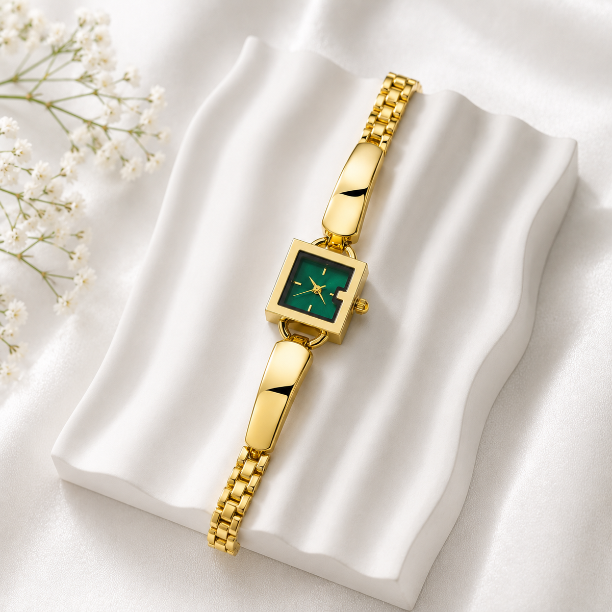 Luxury Gold Bracelet Watch for Women with Emerald Green Square Dial | Premium Analog Watch