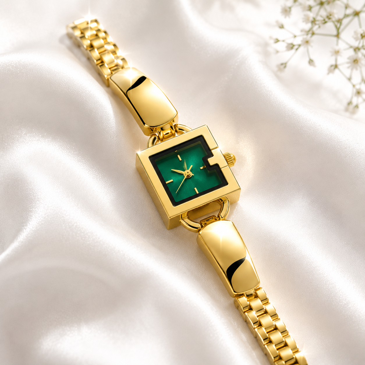 Luxury Gold Bracelet Watch for Women with Emerald Green Square Dial | Premium Analog Watch