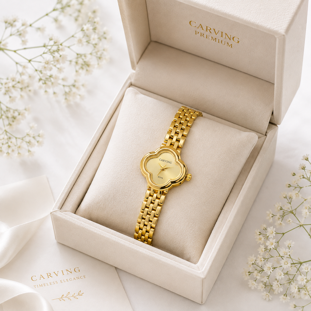 Luxury Gold Clover Bracelet Watch for Women | Elegant Designer Analog Wrist Watch