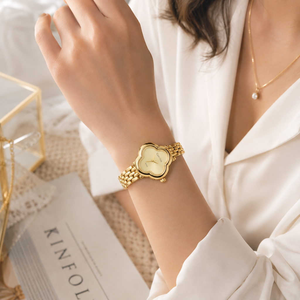 Luxury Gold Clover Bracelet Watch for Women | Elegant Designer Analog Wrist Watch