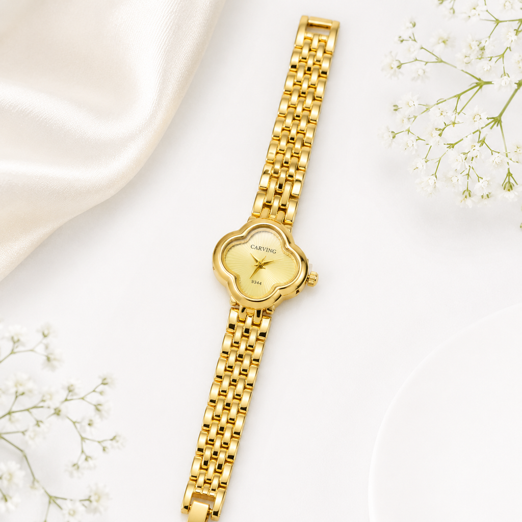 Luxury Gold Clover Bracelet Watch for Women | Elegant Designer Analog Wrist Watch