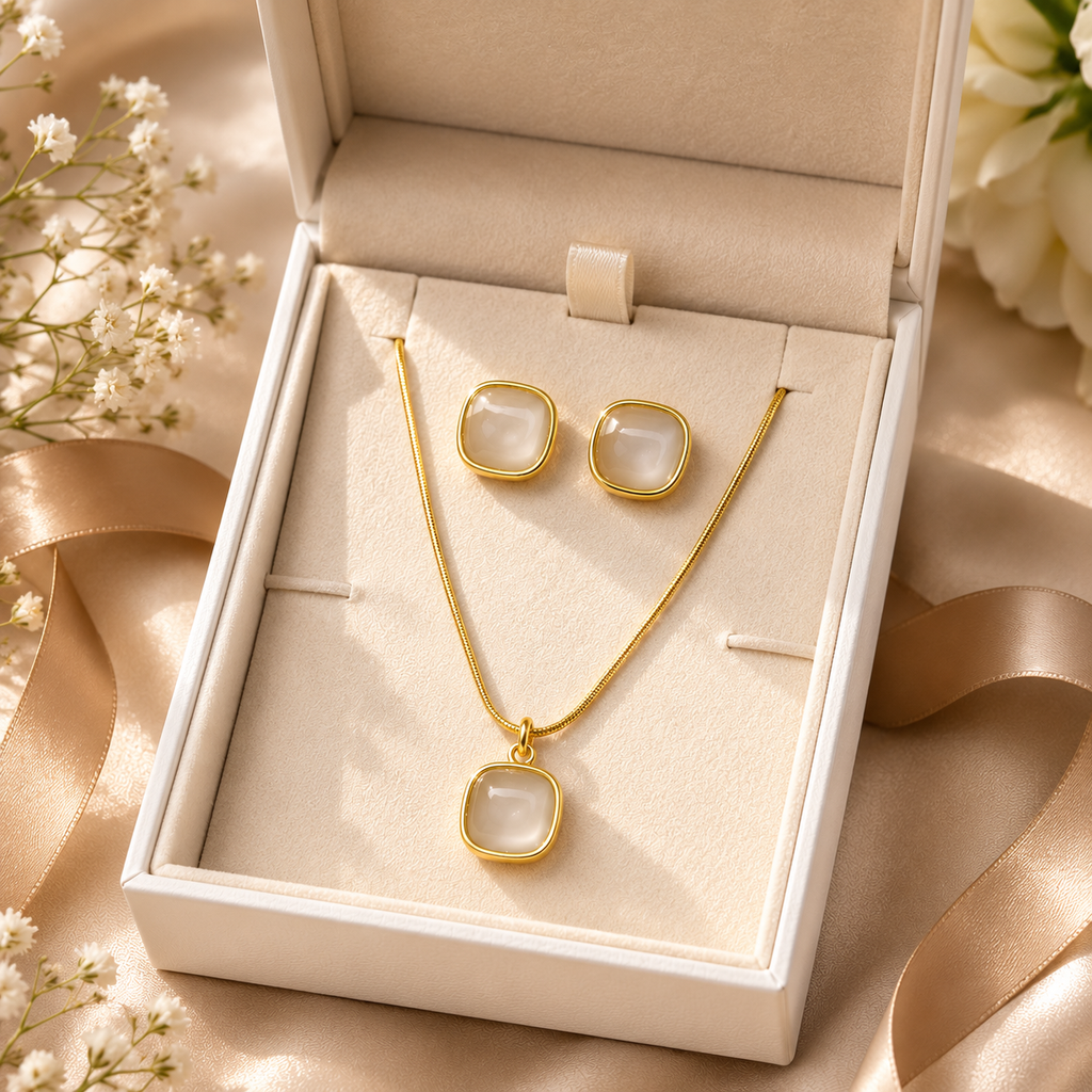 Gold Plated White Stone Pendant & Earrings Set for Women | Minimalist Jewellery