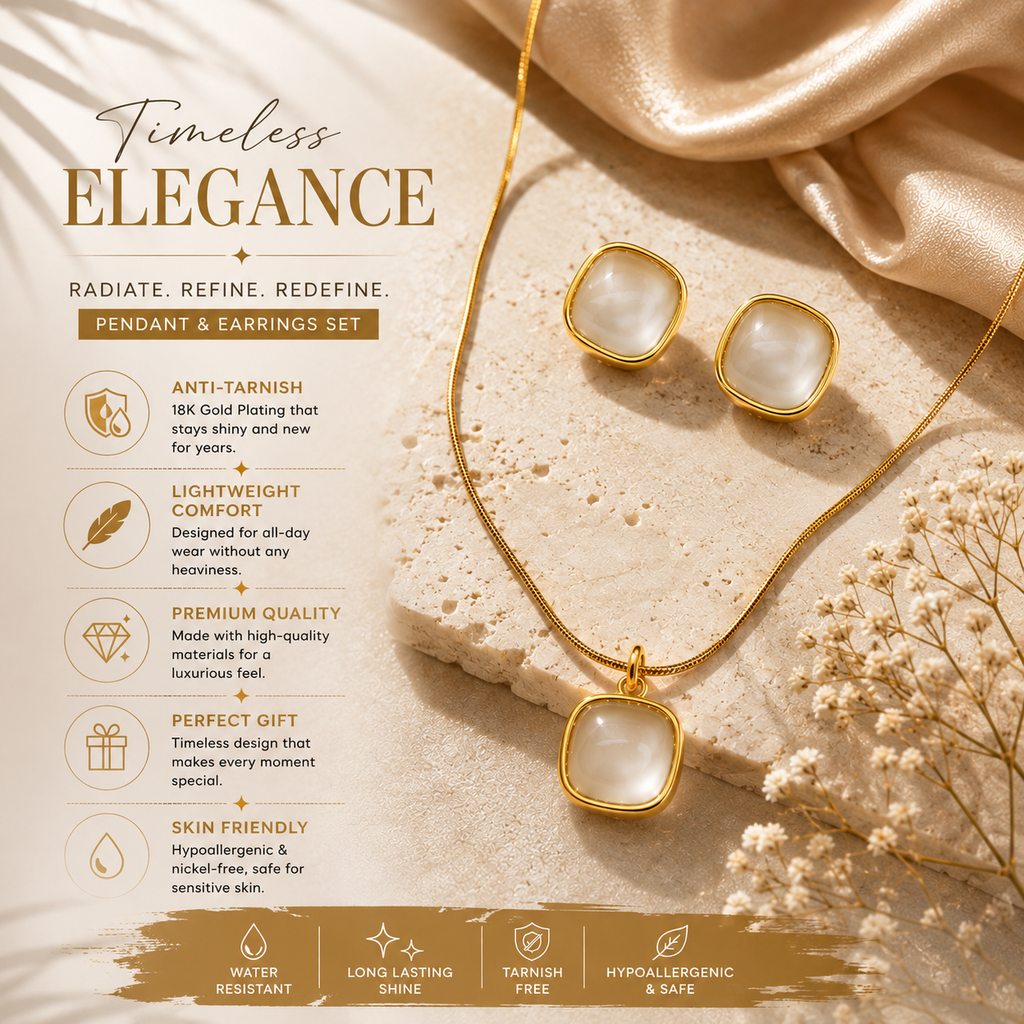 Gold Plated White Stone Pendant & Earrings Set for Women | Minimalist Jewellery