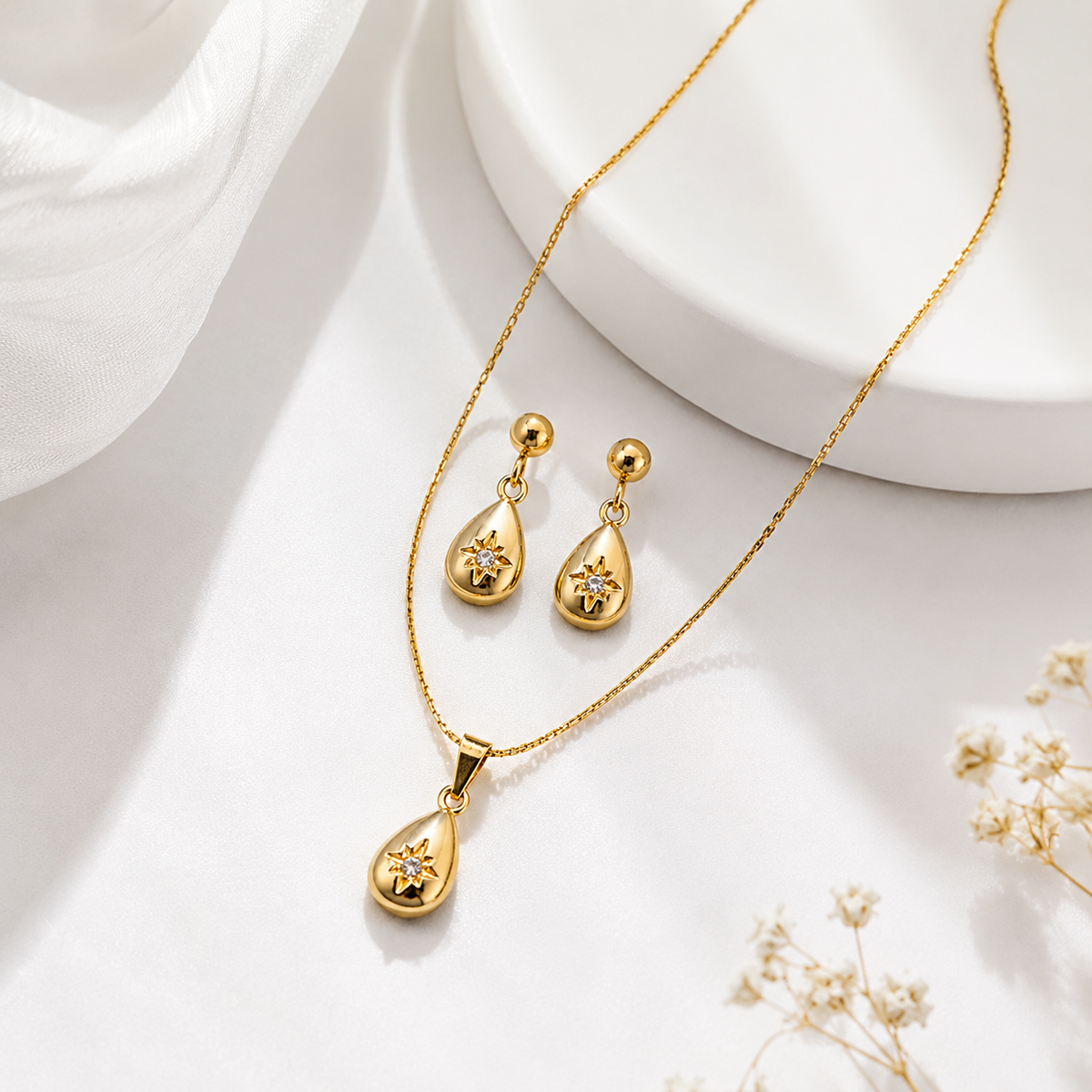 Gold-Plated Teardrop Star Necklace & Earrings Set for Women | Elegant Jewellery Set
