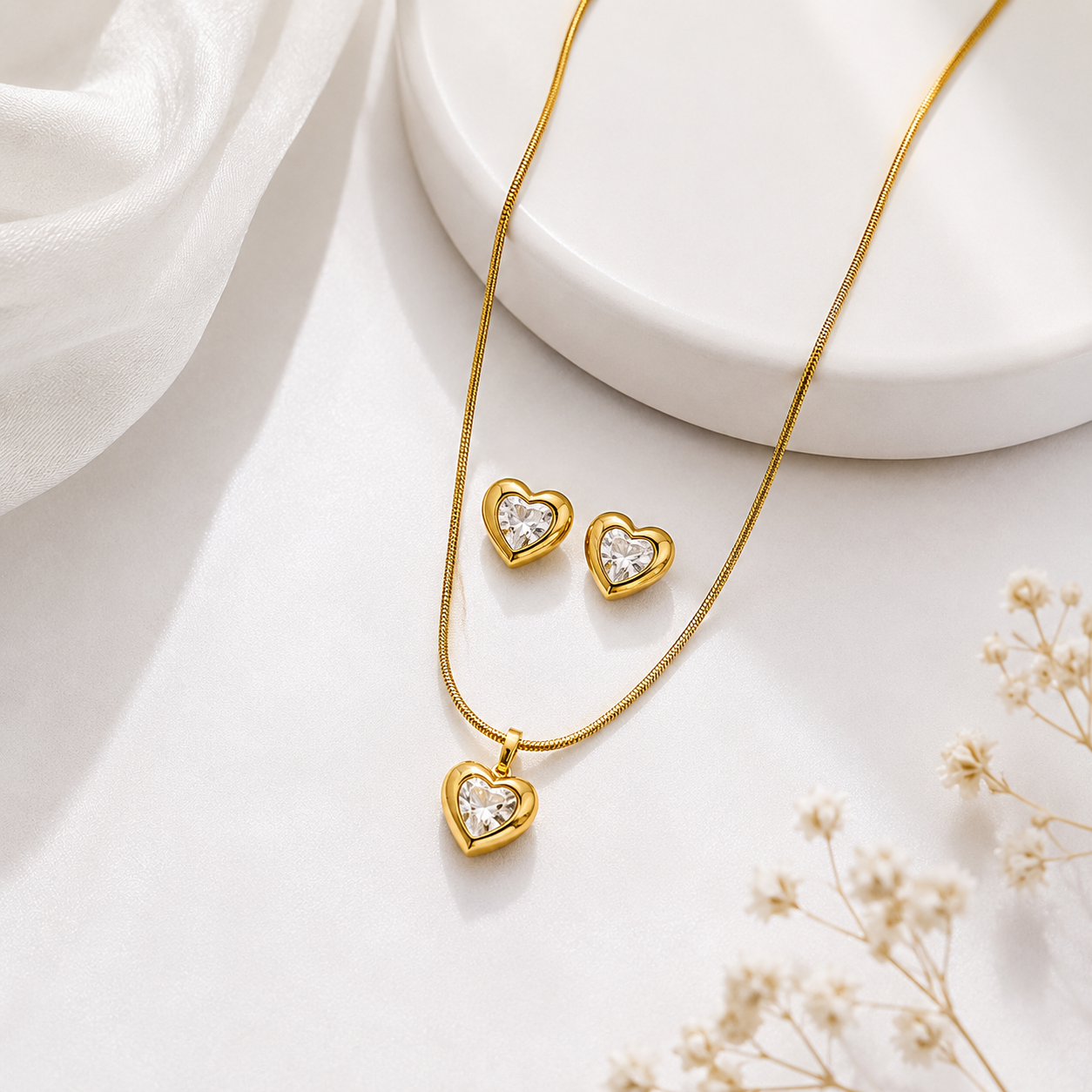Gold-Plated Heart Crystal Necklace & Earrings Set for Women | Elegant Minimalist Jewellery