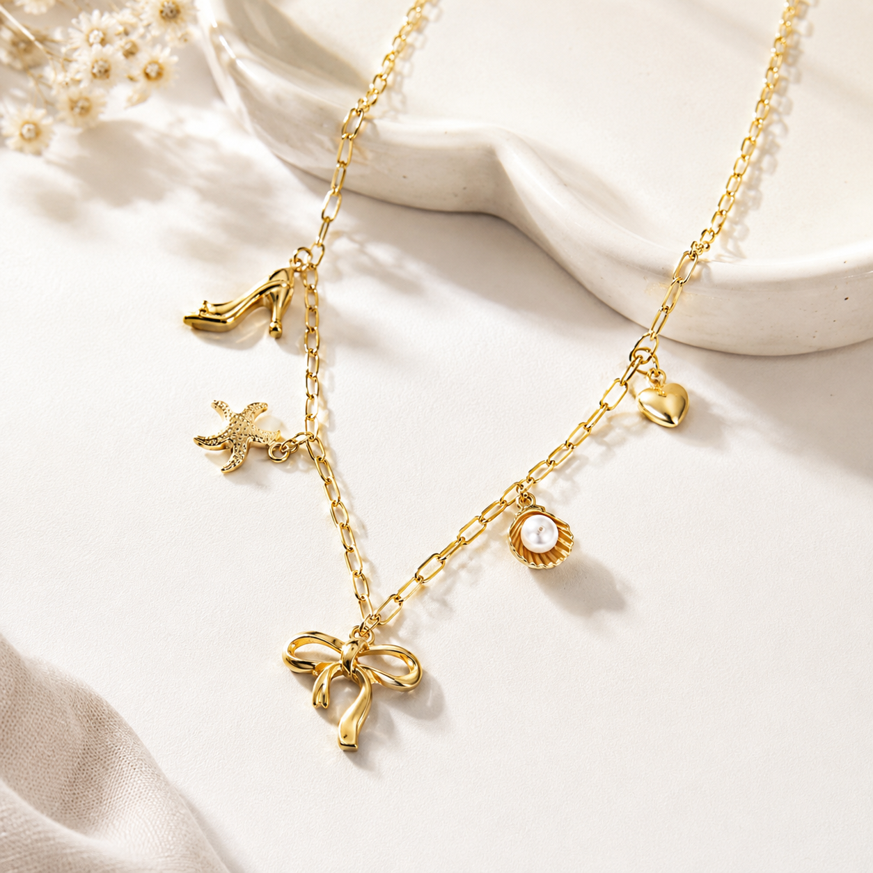 Gold-Plated Bow & Pearl Charm Layered Necklace for Women | Trendy Korean-Style Jewellery