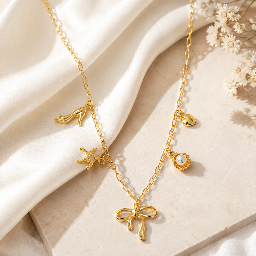 Gold-Plated Bow & Pearl Charm Layered Necklace for Women | Trendy Korean-Style Jewellery
