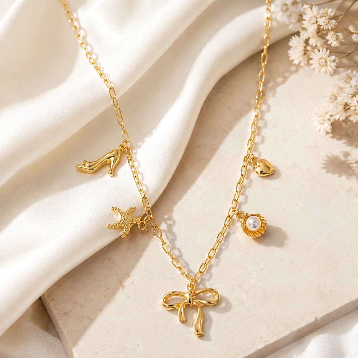Gold-Plated Bow & Pearl Charm Layered Necklace for Women | Trendy Korean-Style Jewellery