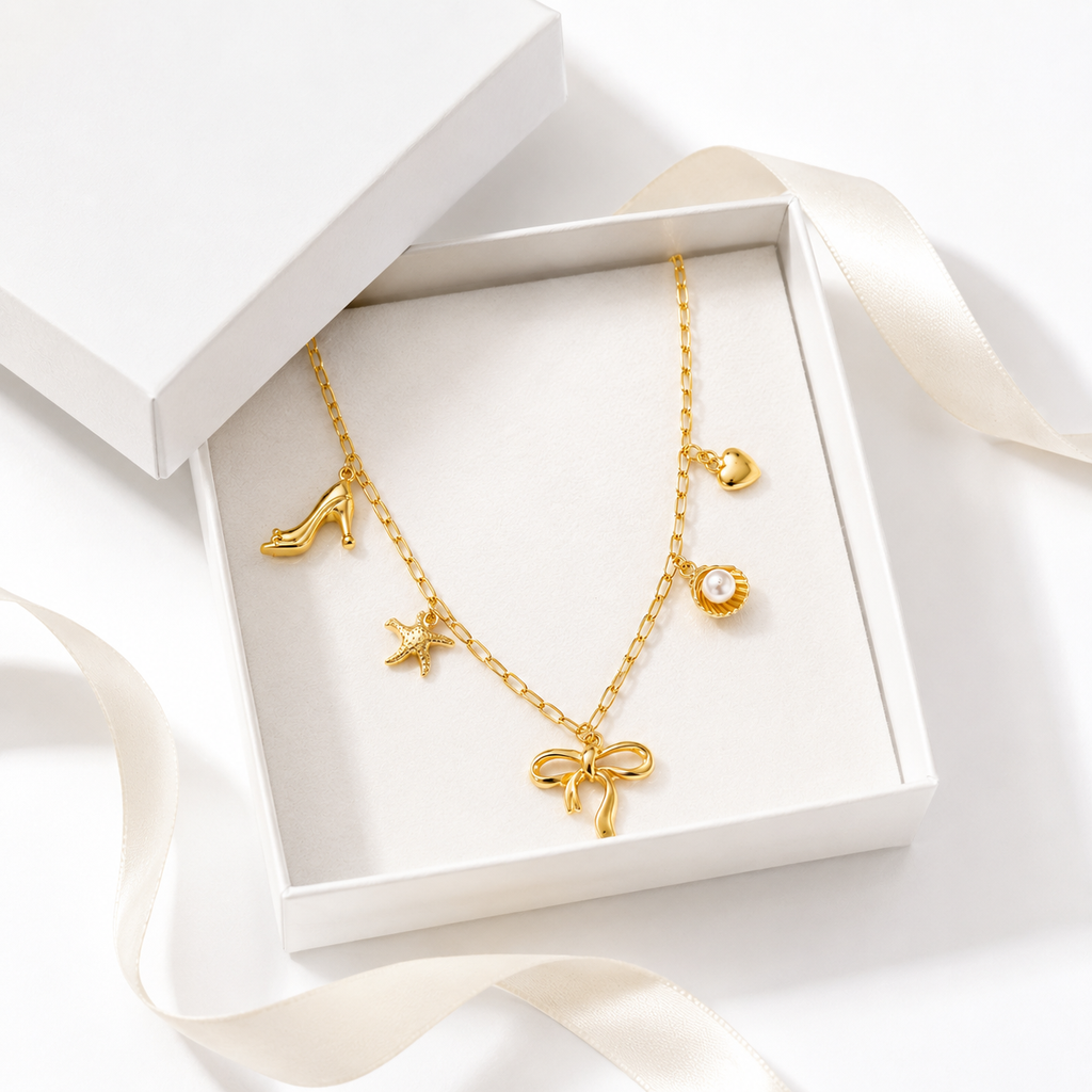 Gold-Plated Bow & Pearl Charm Layered Necklace for Women | Trendy Korean-Style Jewellery