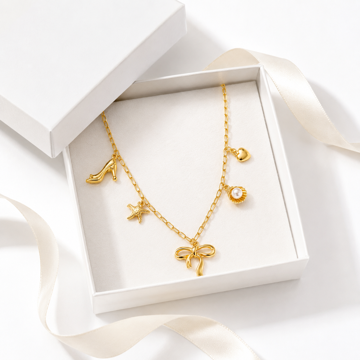 Gold-Plated Bow & Pearl Charm Layered Necklace for Women | Trendy Korean-Style Jewellery