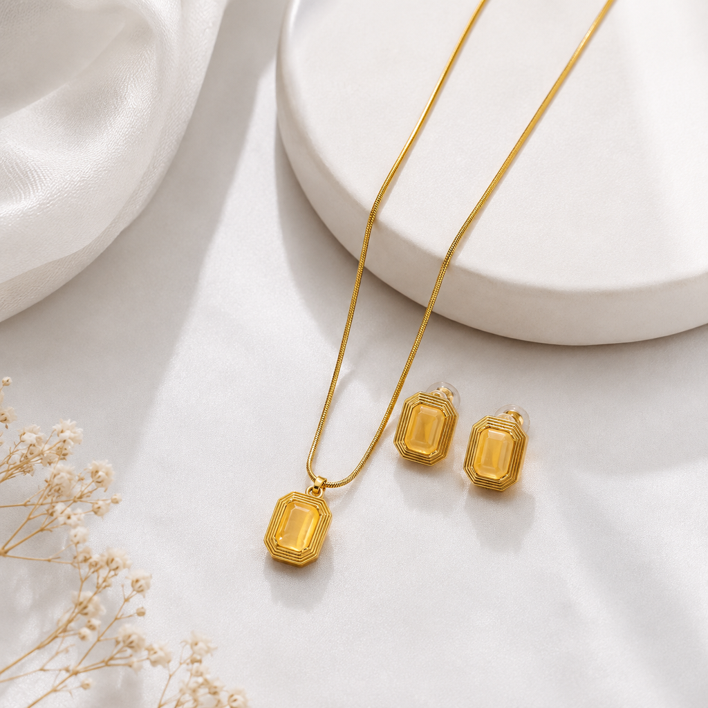 Gold-Plated Geometric Pendant Necklace & Earrings Set for Women | Elegant Statement Jewellery