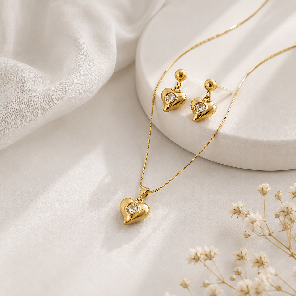 Gold-Plated Heart Crystal Necklace & Earrings Set for Women | Elegant Heart Jewellery