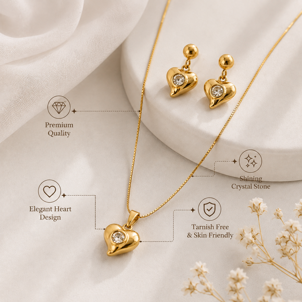 Gold-Plated Heart Crystal Necklace & Earrings Set for Women | Elegant Heart Jewellery