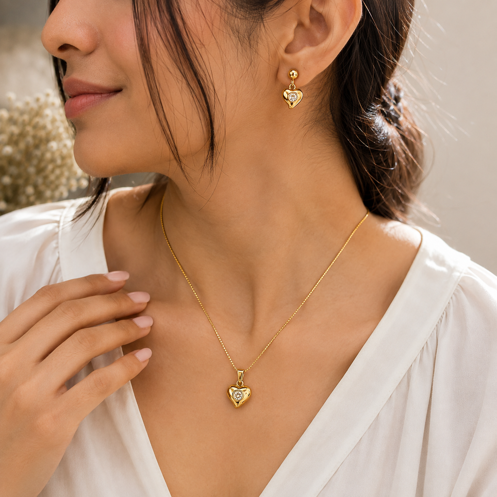 Gold-Plated Heart Crystal Necklace & Earrings Set for Women | Elegant Heart Jewellery