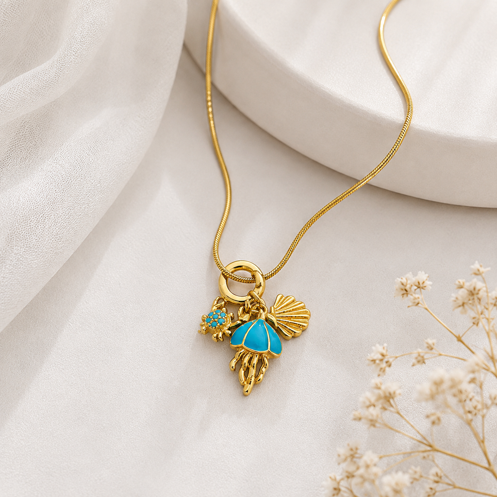 Gold-Plated Blue Enamel Charm Necklace for Women | Trendy Statement Jewellery