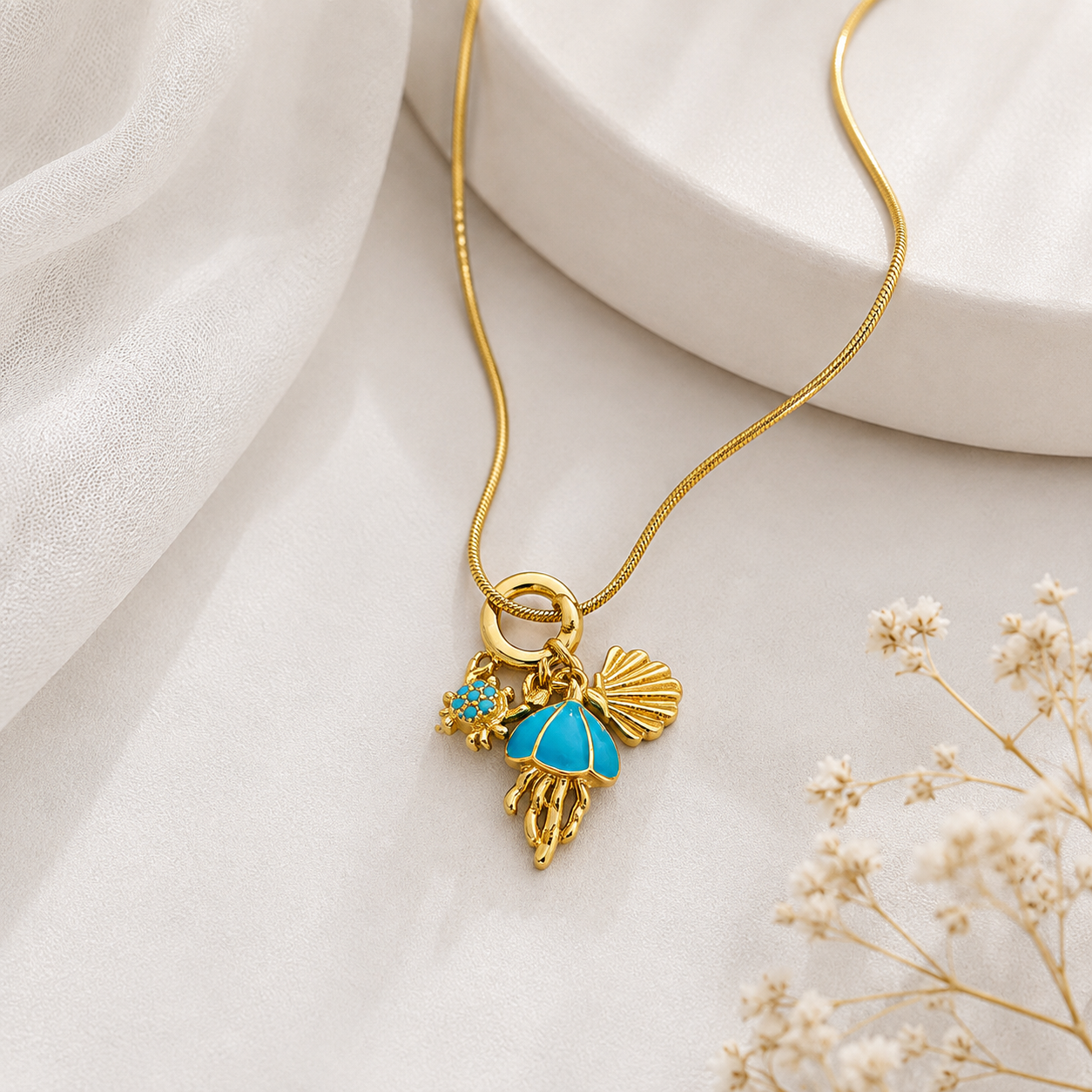 Gold-Plated Blue Enamel Charm Necklace for Women | Trendy Statement Jewellery