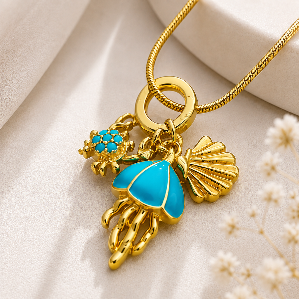 Gold-Plated Blue Enamel Charm Necklace for Women | Trendy Statement Jewellery