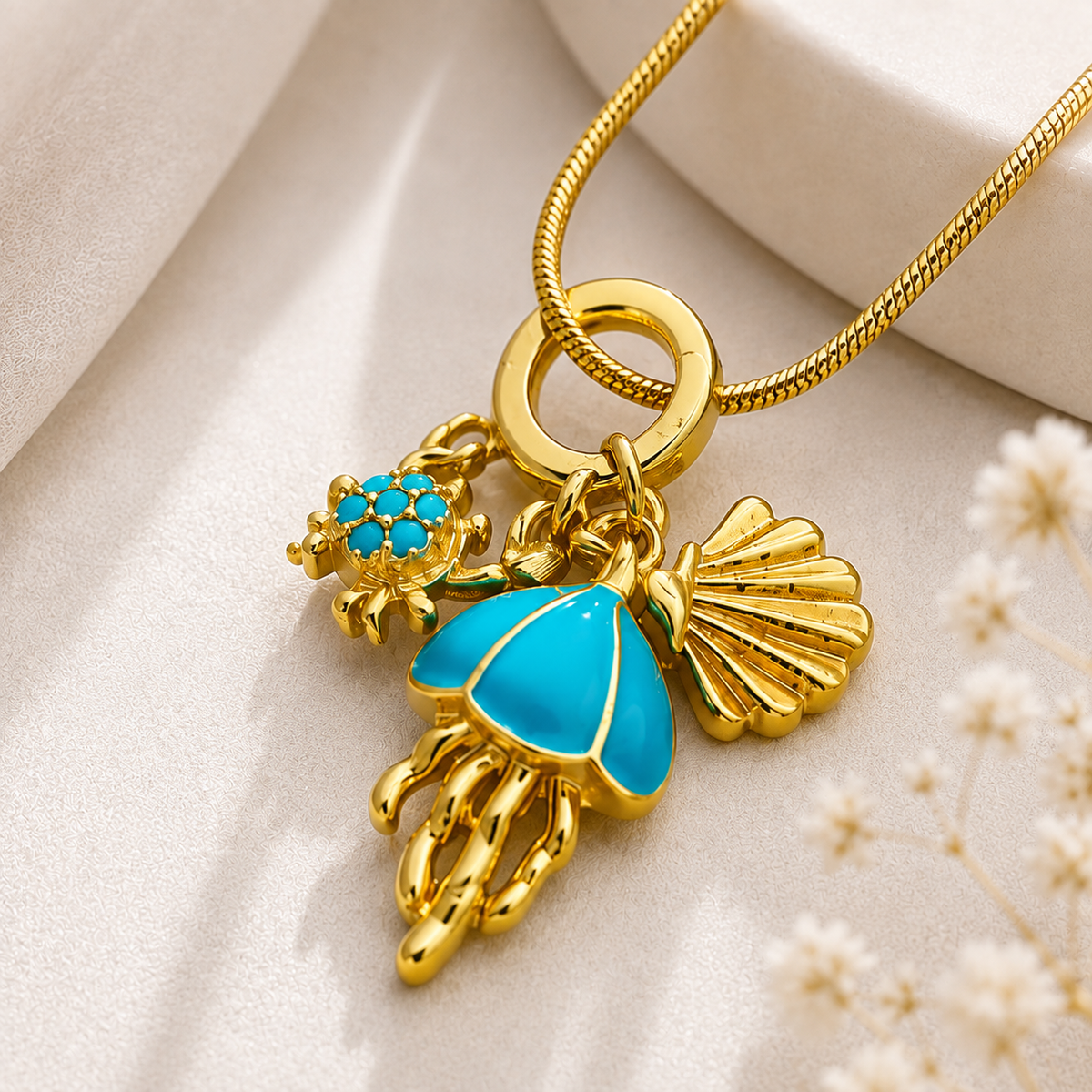 Gold-Plated Blue Enamel Charm Necklace for Women | Trendy Statement Jewellery