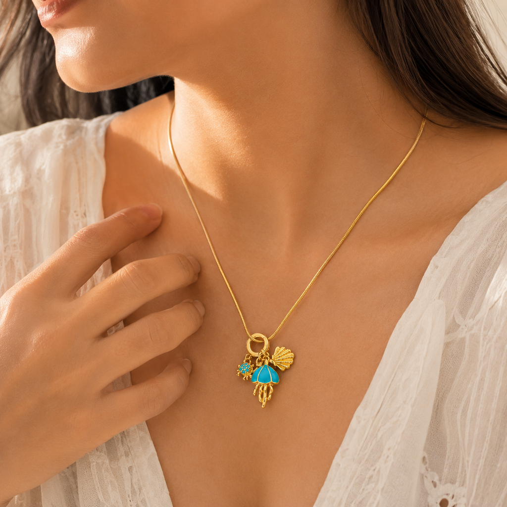 Gold-Plated Blue Enamel Charm Necklace for Women | Trendy Statement Jewellery