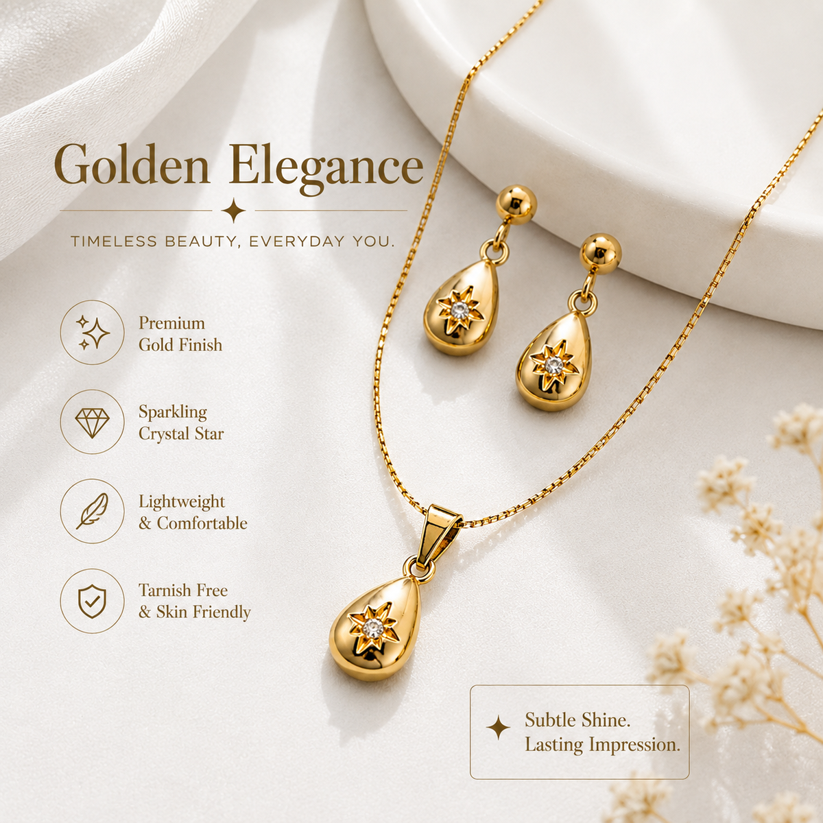 Gold-Plated Teardrop Star Necklace & Earrings Set for Women | Elegant Jewellery Set