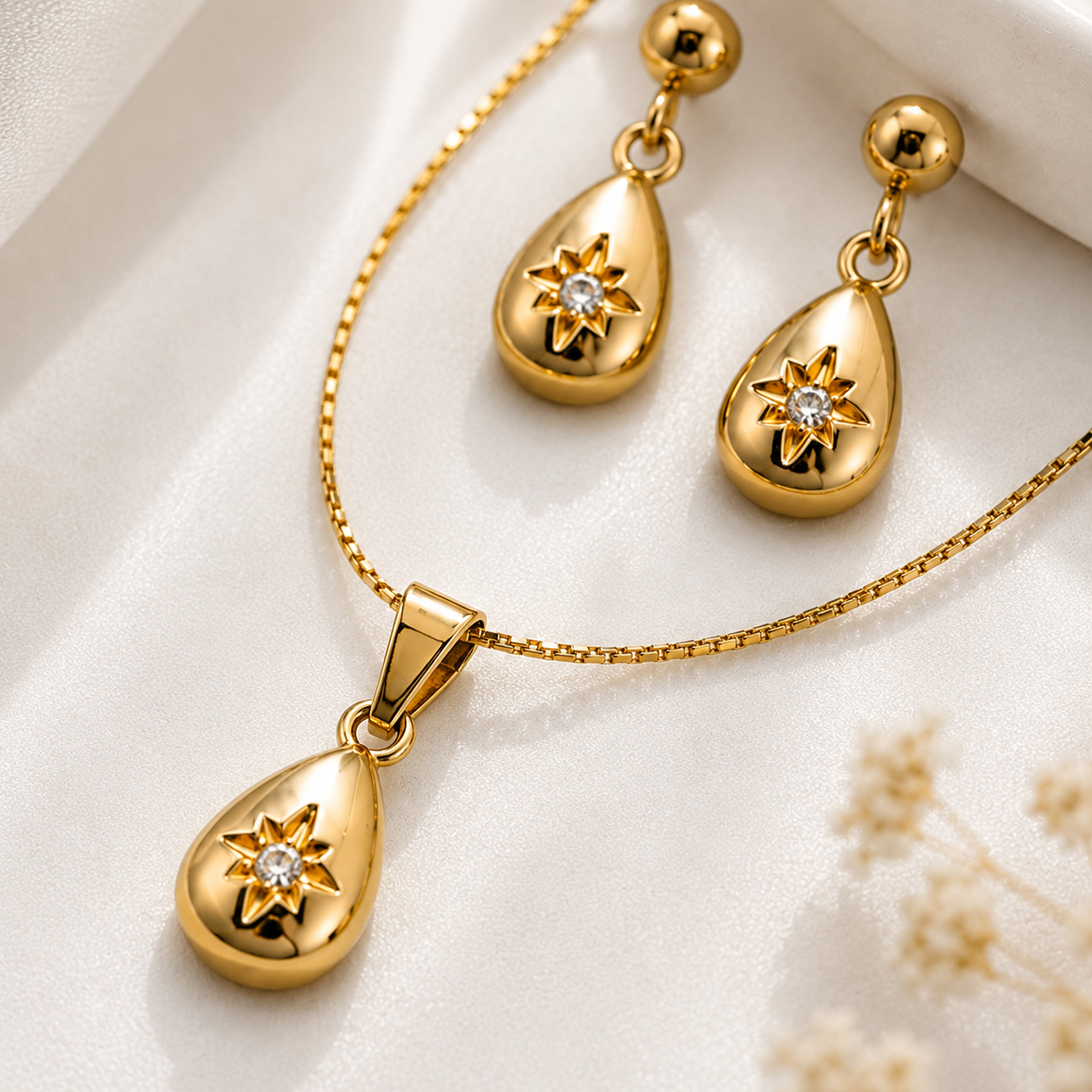 Gold-Plated Teardrop Star Necklace & Earrings Set for Women | Elegant Jewellery Set