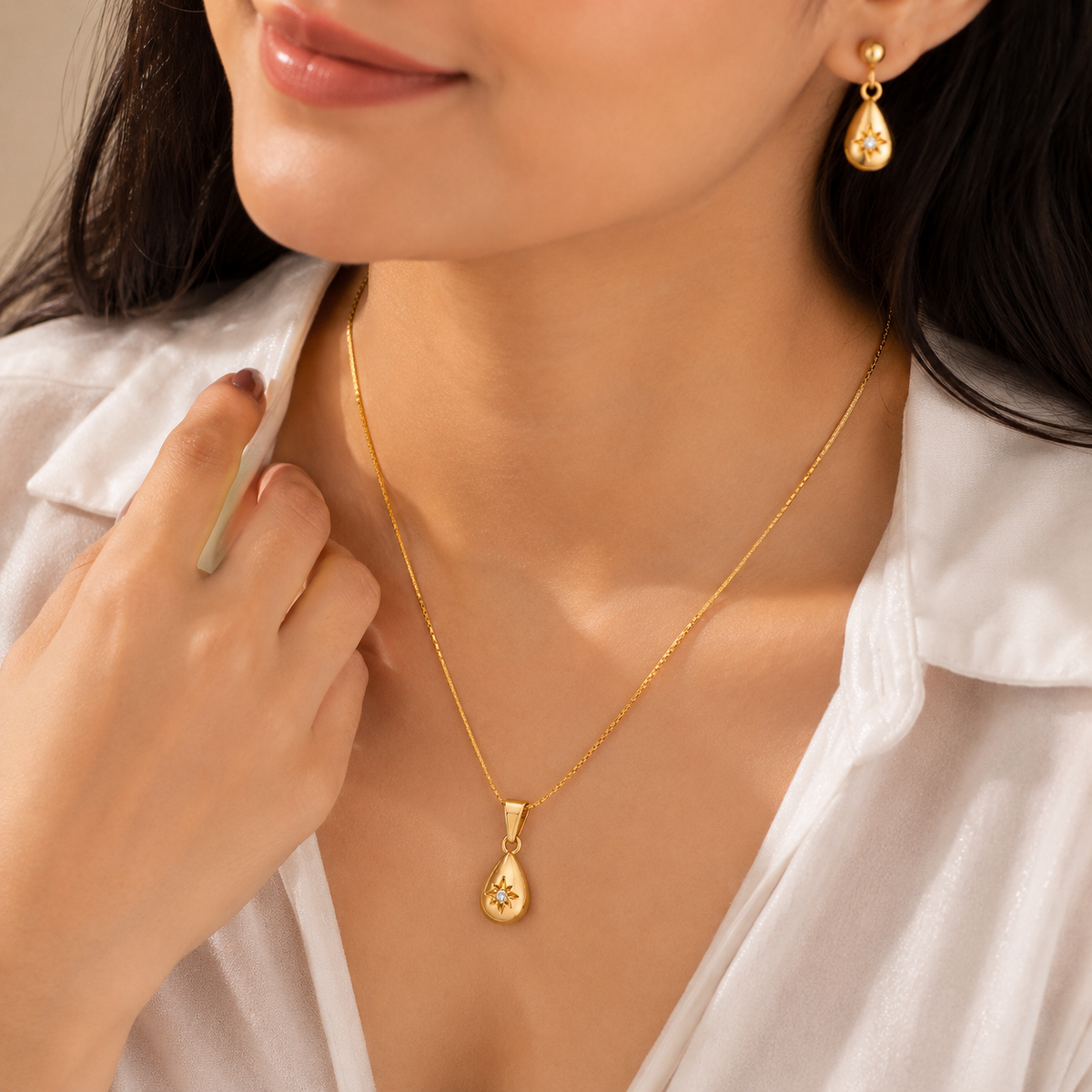 Gold-Plated Teardrop Star Necklace & Earrings Set for Women | Elegant Jewellery Set