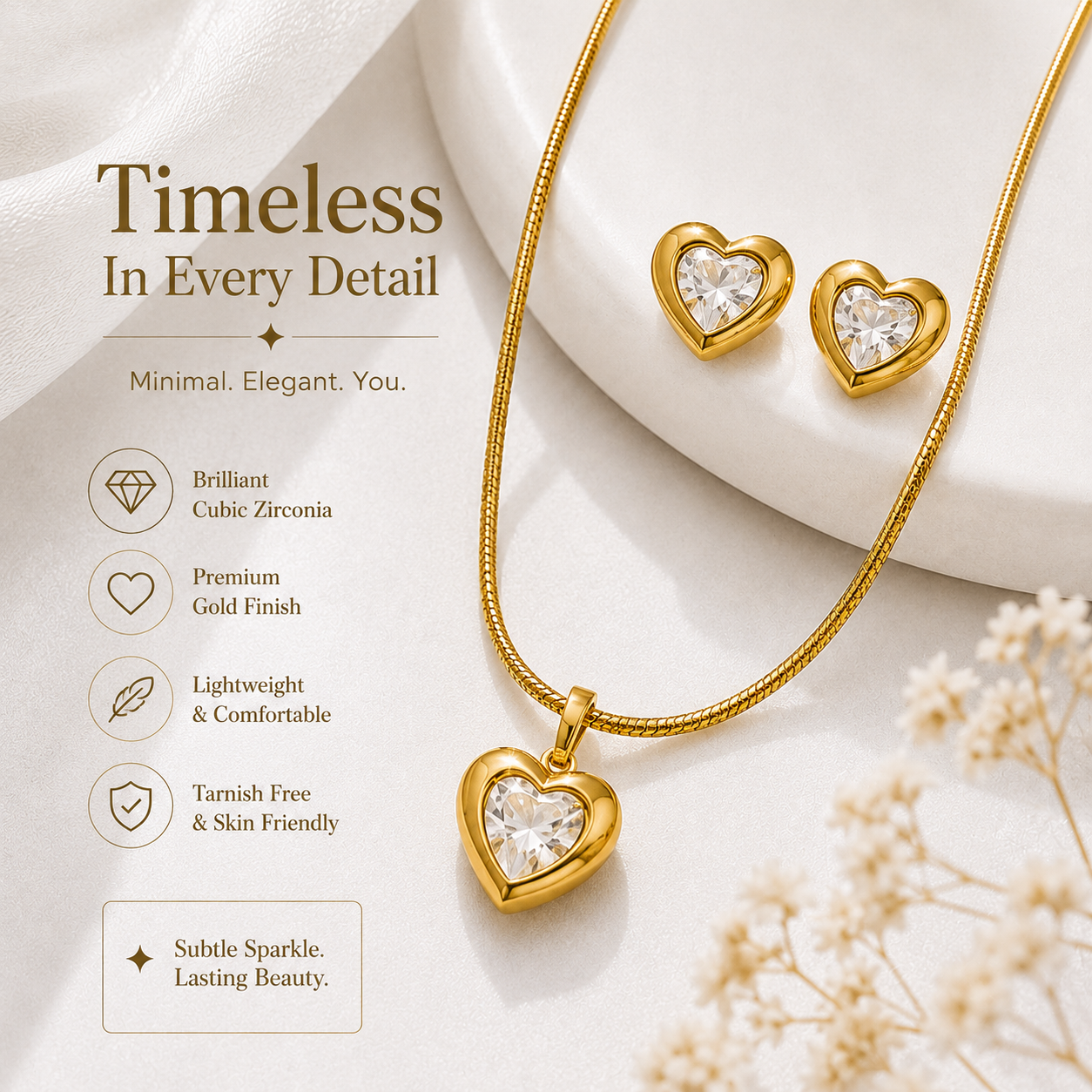 Gold-Plated Heart Crystal Necklace & Earrings Set for Women | Elegant Minimalist Jewellery
