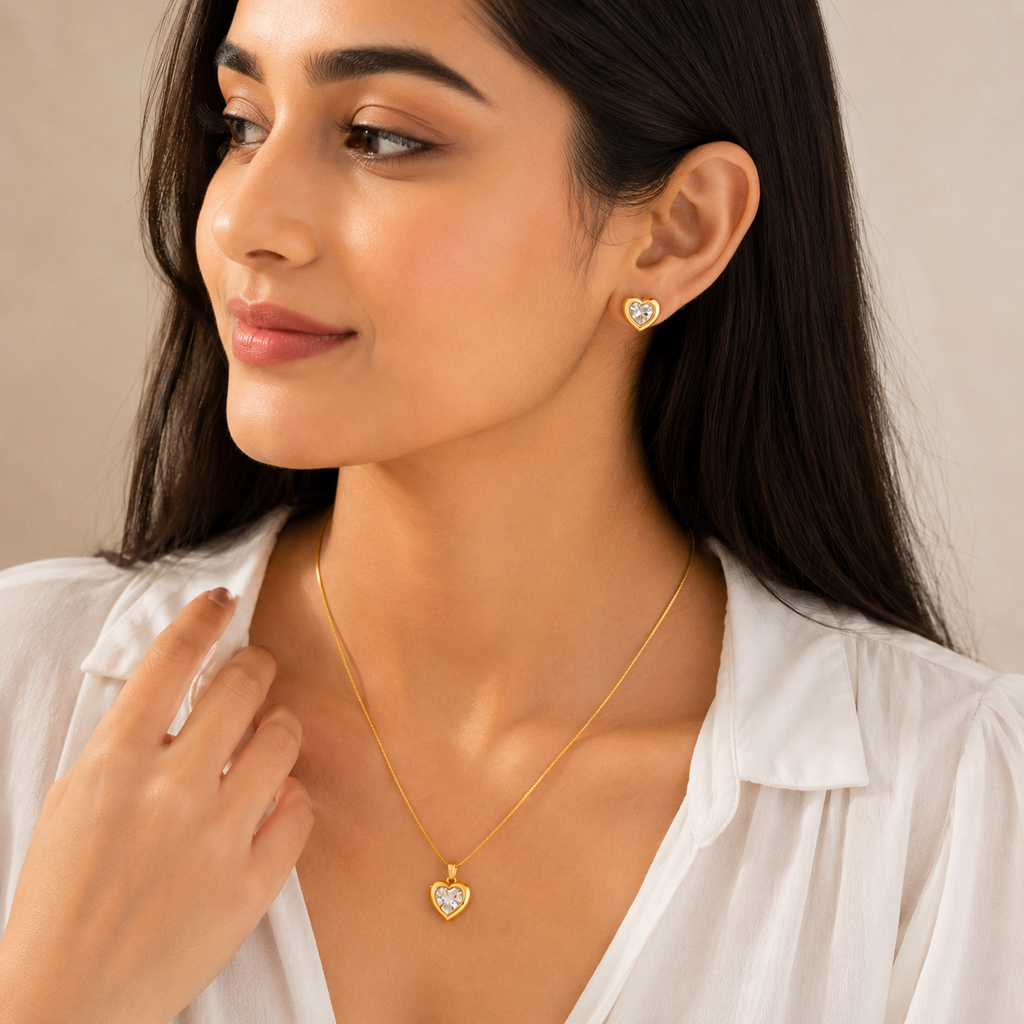 Gold-Plated Heart Crystal Necklace & Earrings Set for Women | Elegant Minimalist Jewellery