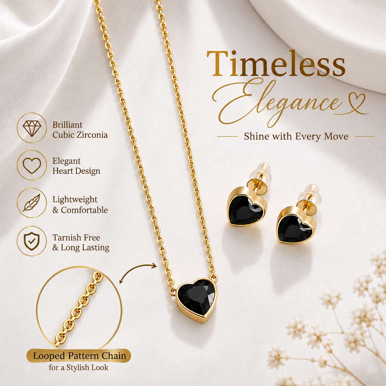 Gold-Plated Black Heart Necklace & Earrings Set for Women | Elegant Statement Jewellery