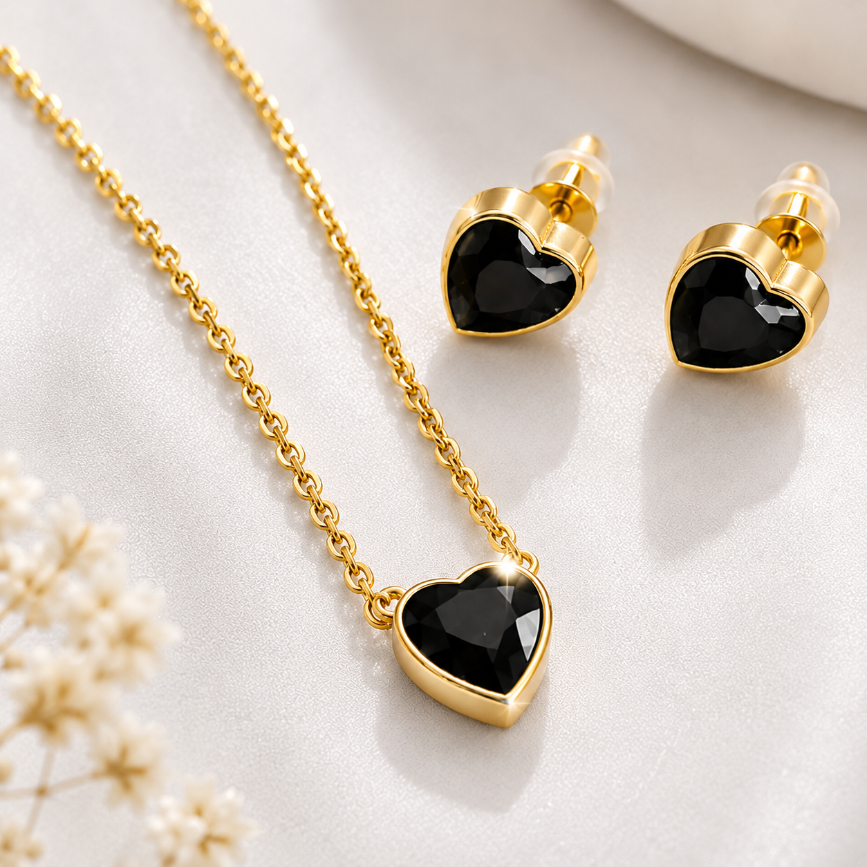 Gold-Plated Black Heart Necklace & Earrings Set for Women | Elegant Statement Jewellery