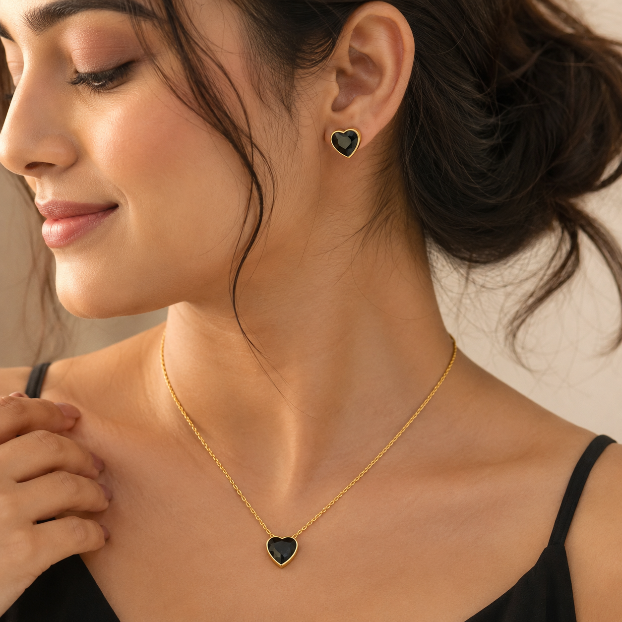 Gold-Plated Black Heart Necklace & Earrings Set for Women | Elegant Statement Jewellery