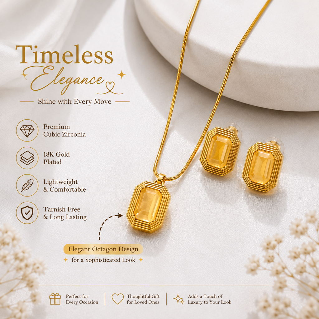 Gold-Plated Geometric Pendant Necklace & Earrings Set for Women | Elegant Statement Jewellery