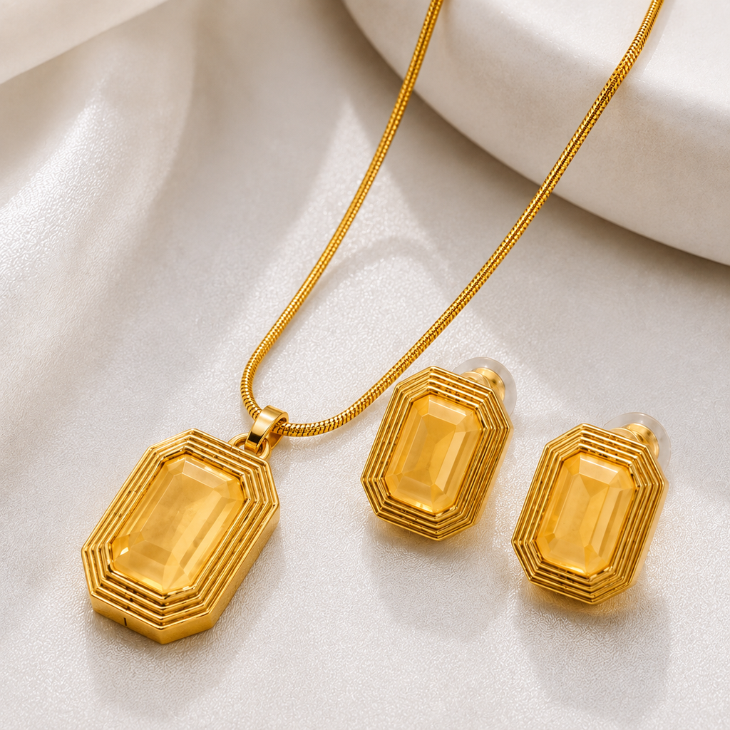 Gold-Plated Geometric Pendant Necklace & Earrings Set for Women | Elegant Statement Jewellery
