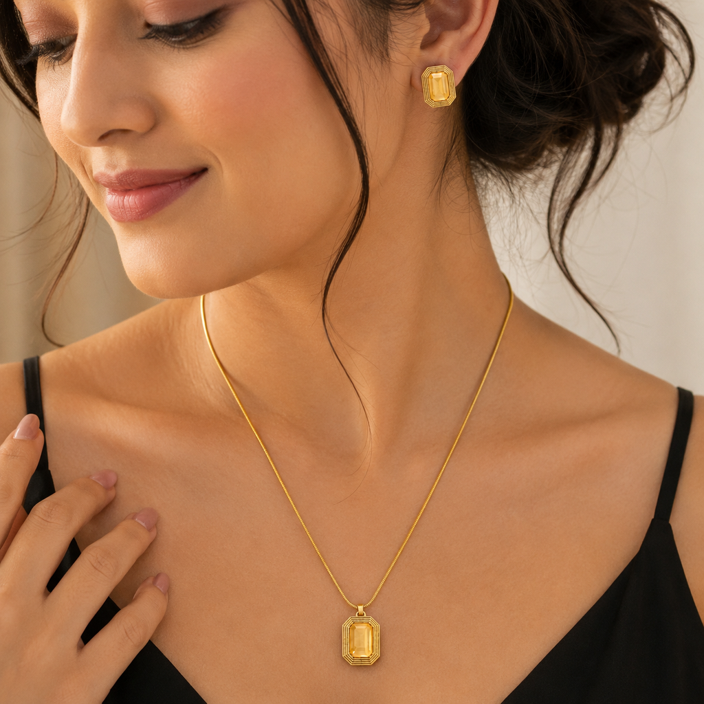 Gold-Plated Geometric Pendant Necklace & Earrings Set for Women | Elegant Statement Jewellery