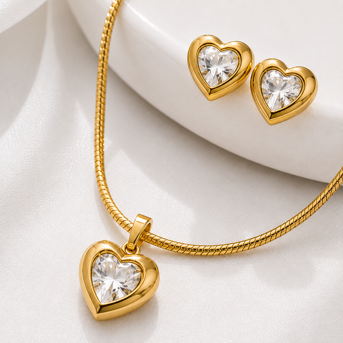 Gold-Plated Heart Crystal Necklace & Earrings Set for Women | Elegant Minimalist Jewellery