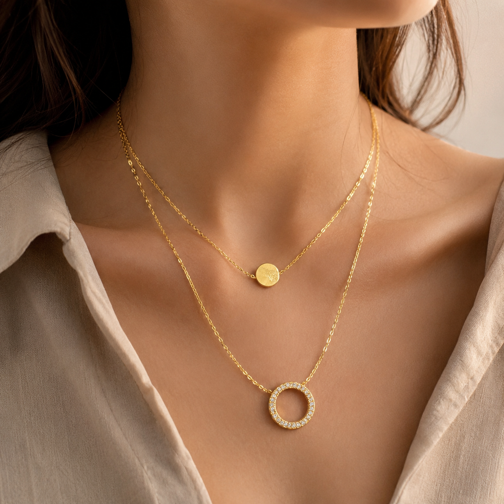 Double Layer Gold-Tone Circle Pendant Necklace for Women