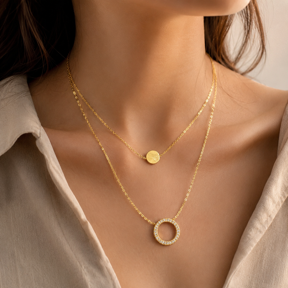 Double Layer Gold-Tone Circle Pendant Necklace for Women