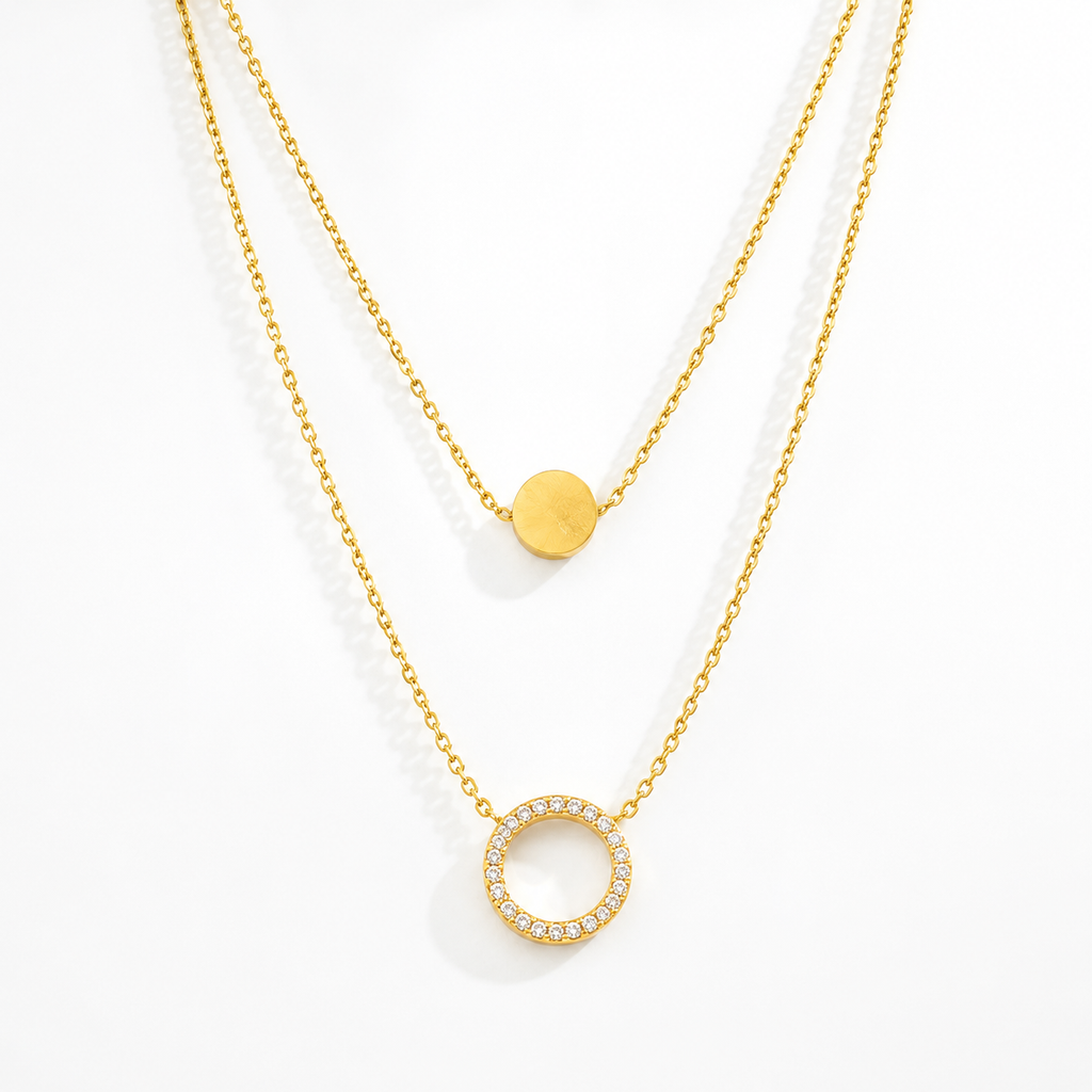 Double Layer Gold-Tone Circle Pendant Necklace for Women