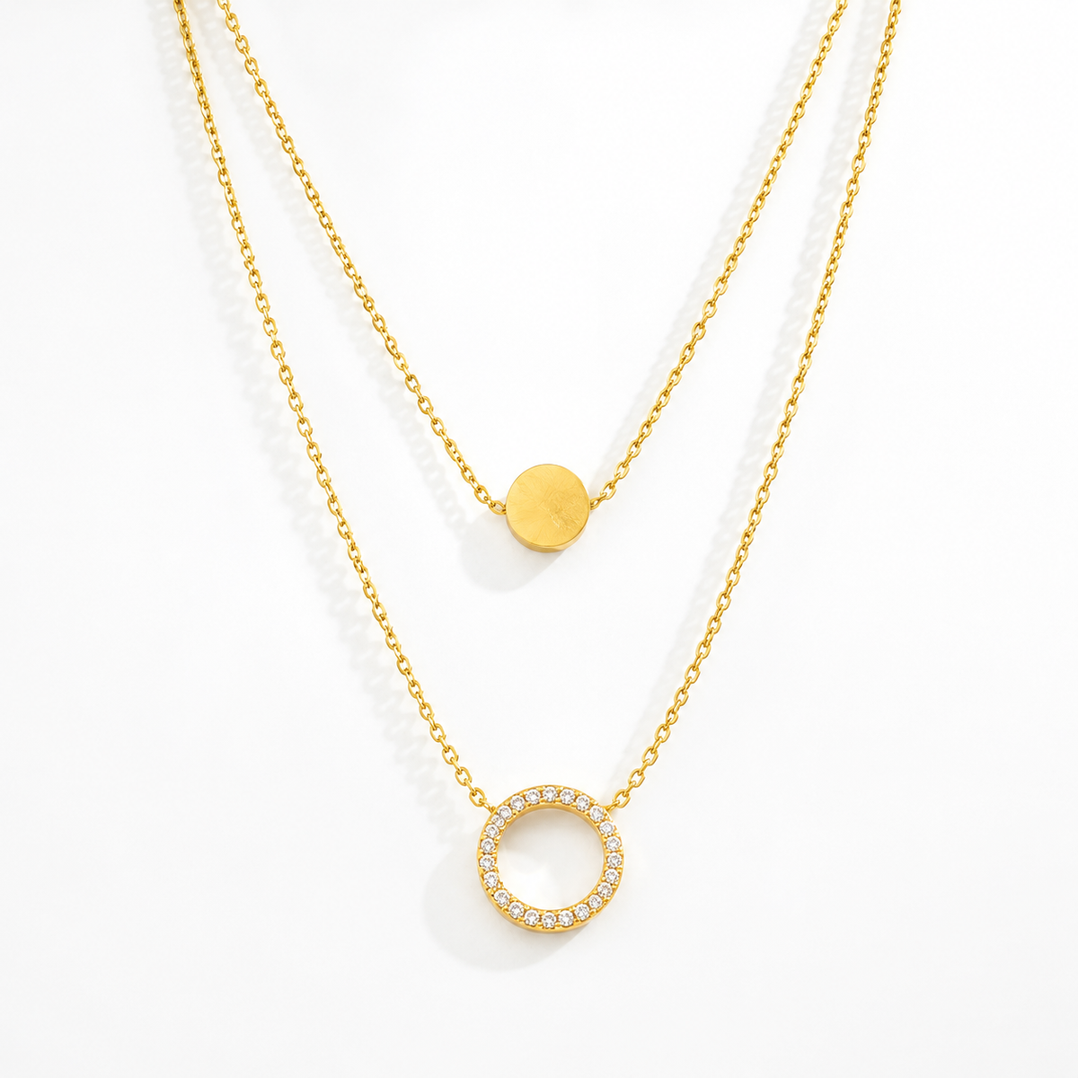 Double Layer Gold-Tone Circle Pendant Necklace for Women