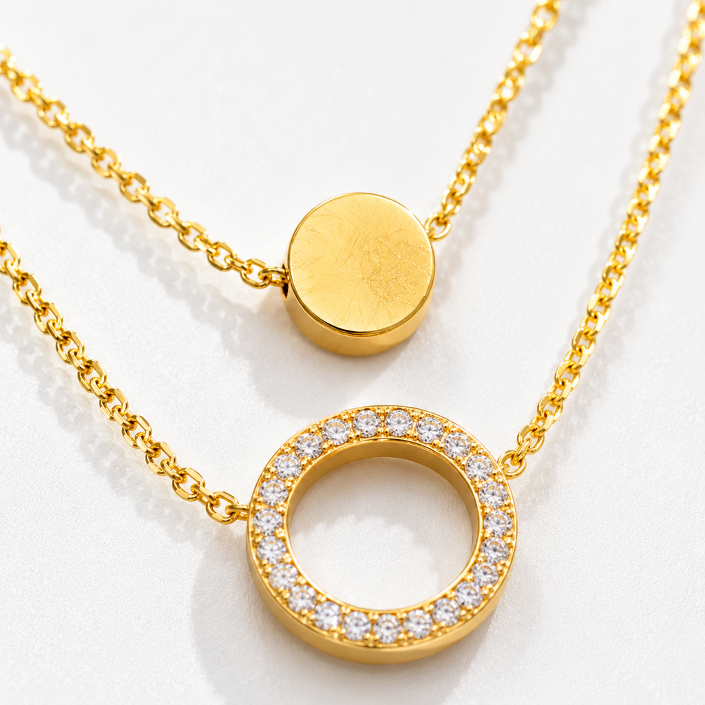 Double Layer Gold-Tone Circle Pendant Necklace for Women